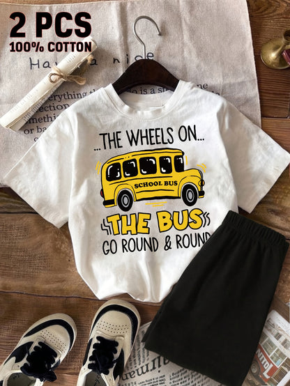 2pcs New Summer Girl The Wheels On The Bus Go Round And Round Short Sleeved 100% T-Shirt and Shorts 2pcs Set Perfect for Outdoor