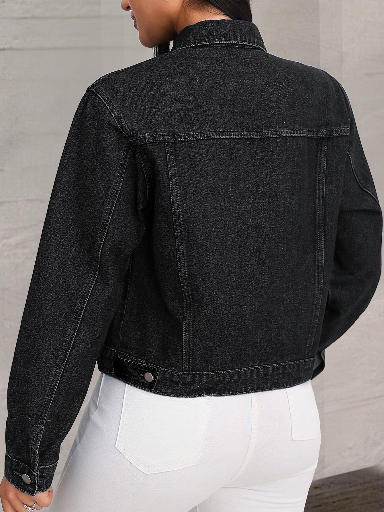 Women Black Denim Jacket Classic Button Front Long Sleeve Casual Outerwear Stylish Collared Short Coat with Pockets Soft Durable Fashion Streetwear Versatile All Season Layering Piece Comfortable Trendy Daily Outfit Essential Chic Modern Denim Style