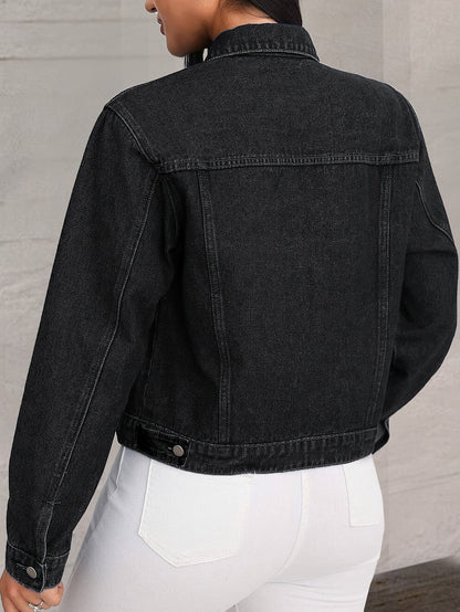 Women Black Denim Jacket Classic Button Front Long Sleeve Casual Outerwear Stylish Collared Short Coat with Pockets Soft Durable Fashion Streetwear Versatile All Season Layering Piece Comfortable Trendy Daily Outfit Essential Chic Modern Denim Style