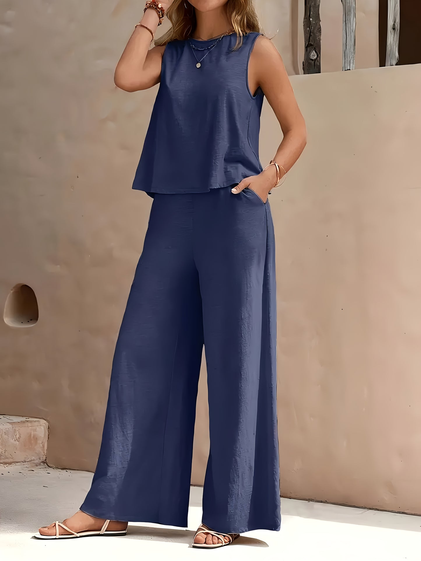 Lady'S Fashionable Red Sleeveless Top And Wide-leg Pants Set - Fiber, Solid Color, Suitable For Spring And Summer Casual Wear