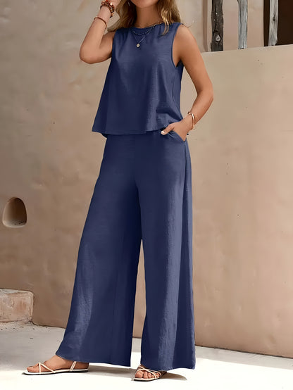 Lady'S Fashionable Red Sleeveless Top And Wide-leg Pants Set - Fiber, Solid Color, Suitable For Spring And Summer Casual Wear