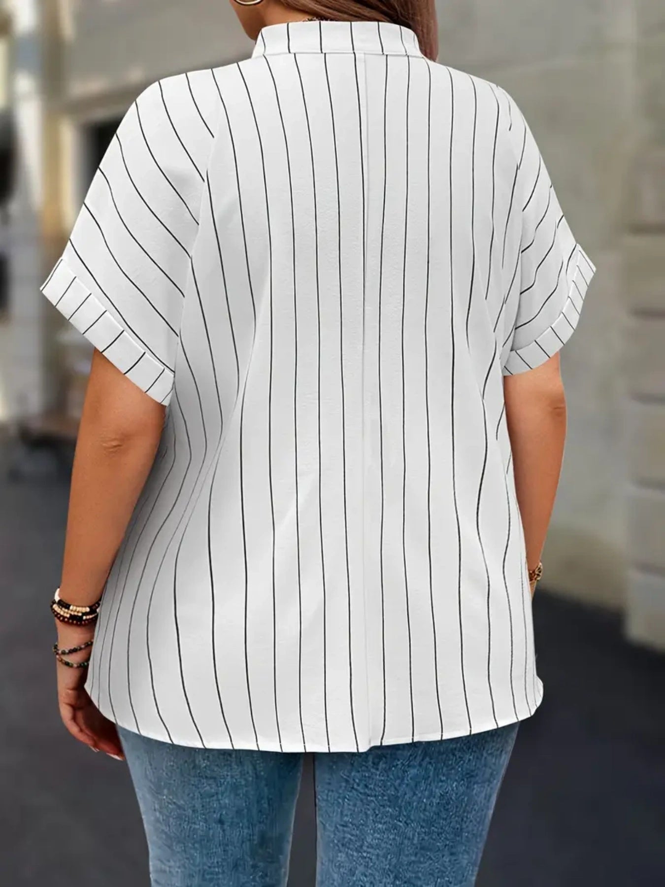 Plus Size, Striped Notch V-Neck Shirt with Faux Buttons Short Sleeve Simple and Plus-Size for Women Casual Top