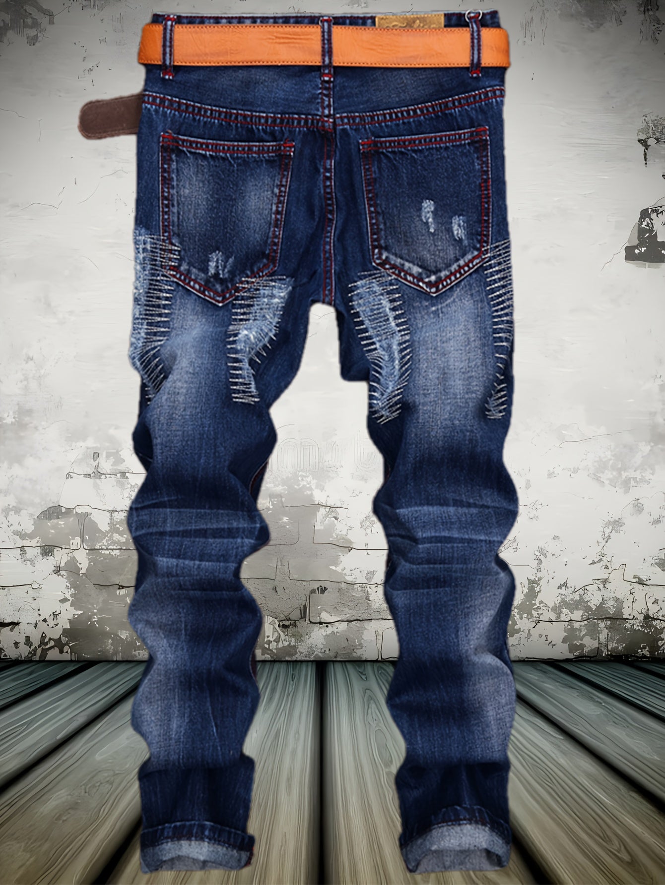 American High Street Washed Holes in Men'S Jeans Trend Blue Motorcycle Casual Straight Pants
