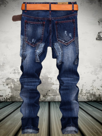 American High Street Washed Holes in Men'S Jeans Trend Blue Motorcycle Casual Straight Pants