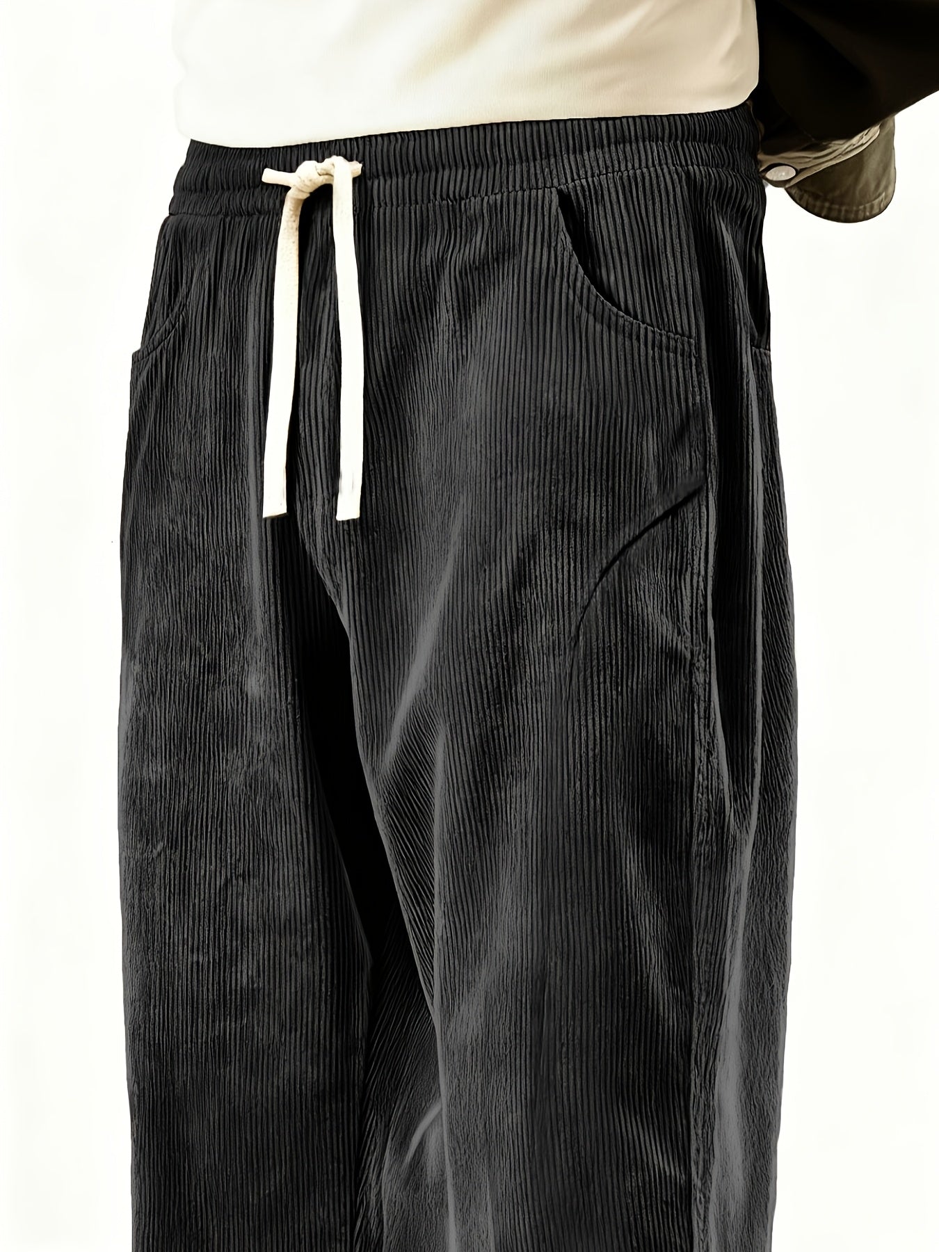 Men'S Solid Corduroy Straight Pants, Retro Pocket And Drawstring Waist, Breathable All-Season Trousers, Casual Daily And Workwear, Machine Washable, Comfortable Straight Fit Pants for Daily Activities