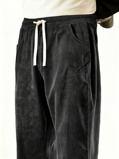 Men'S Solid Corduroy Straight Pants, Retro Pocket And Drawstring Waist, Breathable All-Season Trousers, Casual Daily And Workwear, Machine Washable, Comfortable Straight Fit Pants for Daily Activities