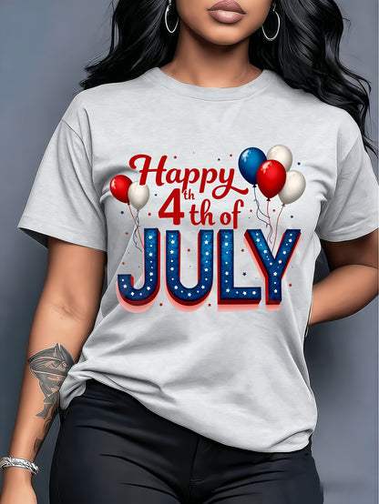 Plus Size - Plus Size - Plus Size - American Retro Style Happy 4Th of July Balloon Print Short-Sleeve T-Shirt, Fresh And Stylish, for Women, Spring And Summer, Casual And Versatile, Comfortable And Breathable, Machine Washable, Perfect for Home