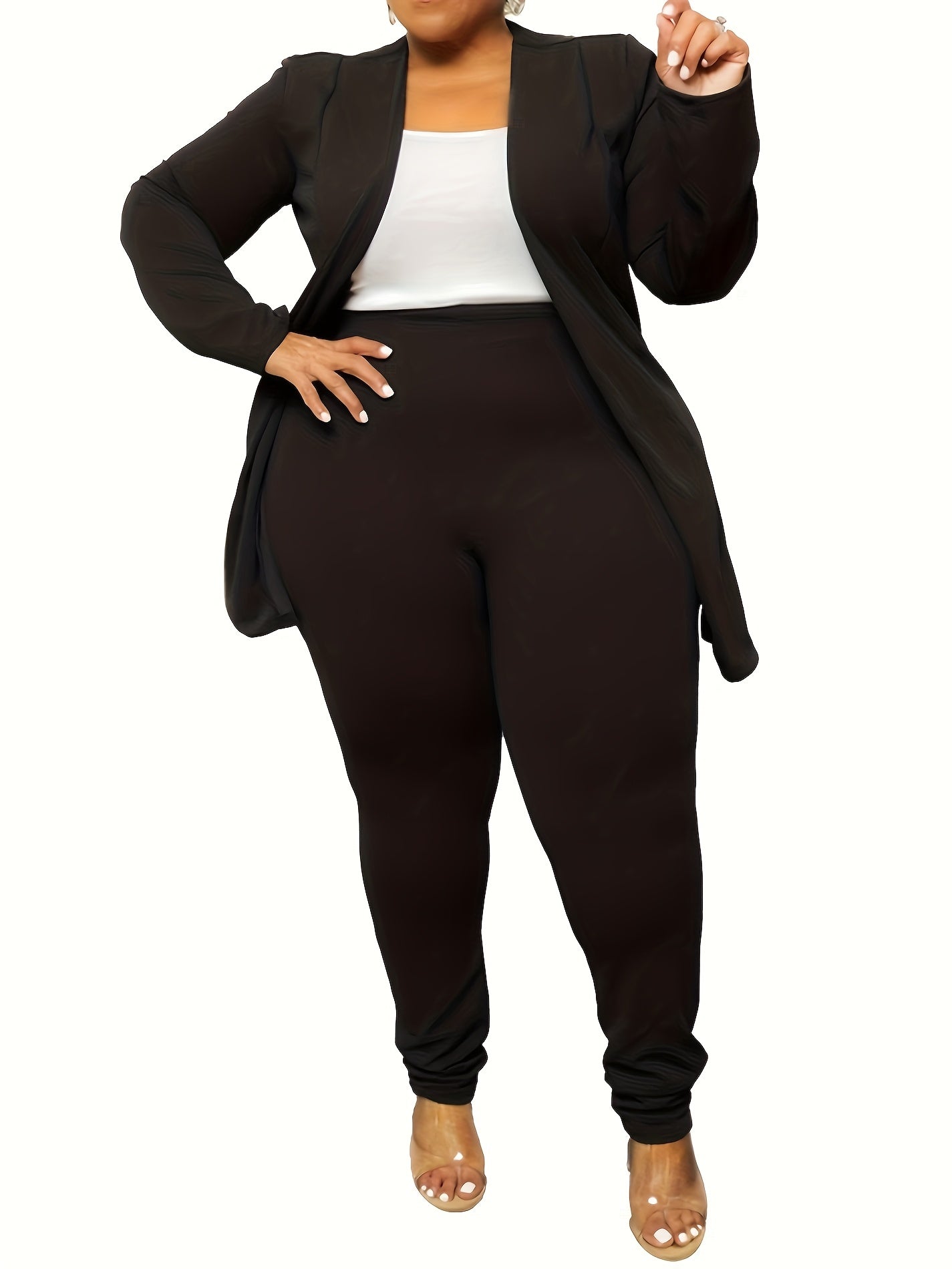 Plus Size - Plus Size - Plus Size Women'S Suit Jacket, Long Pants Two-Piece Set, Fashionable Casual Suit Set