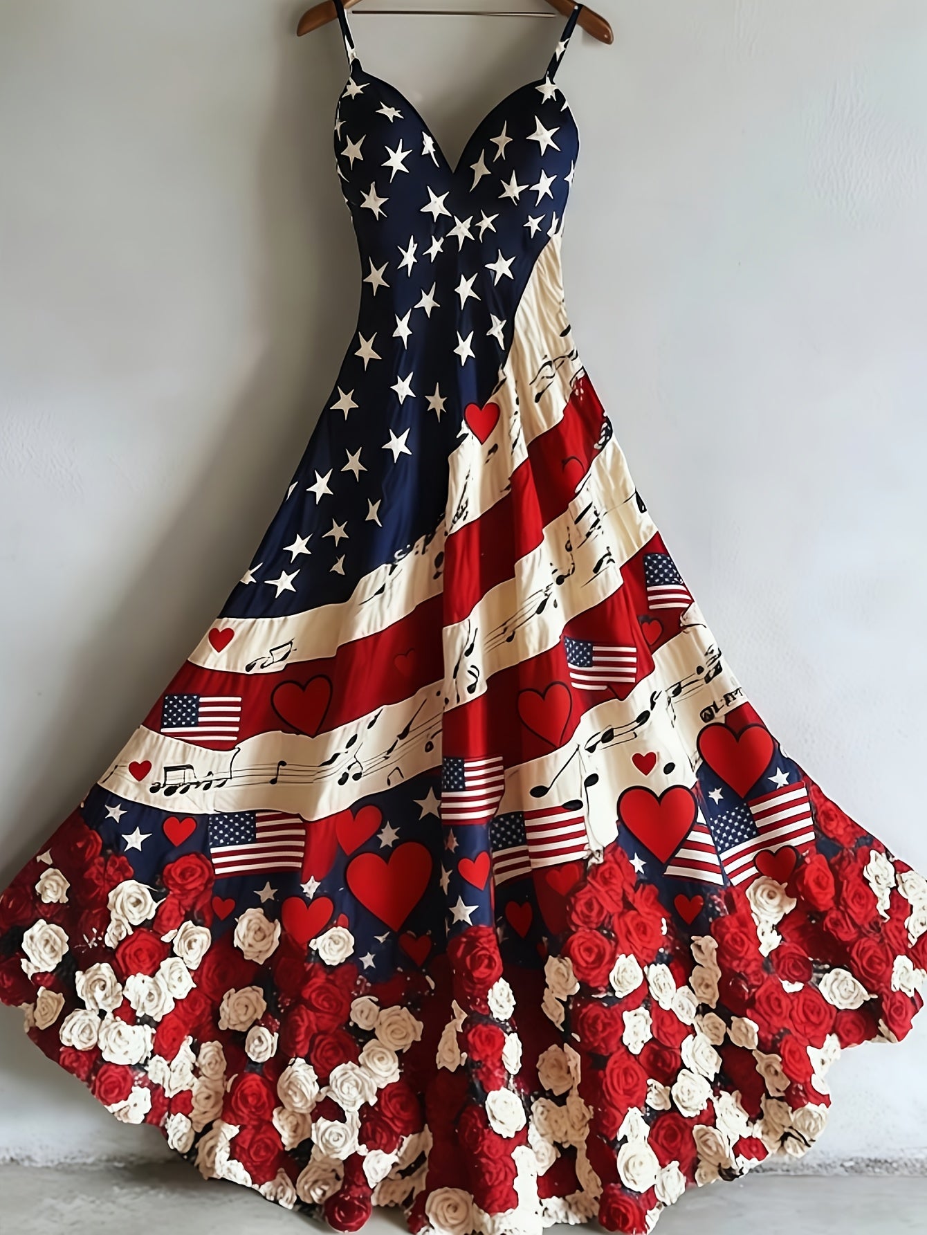 Women's Patriotic Maxi Dress - A-Line Silhouette, Suitable for Vacation, Leisure & Beach Outings, Loose Fit, National Flag Pattern, Sleeveless, V-Neck, Red National Flag Design with Built-In Cups