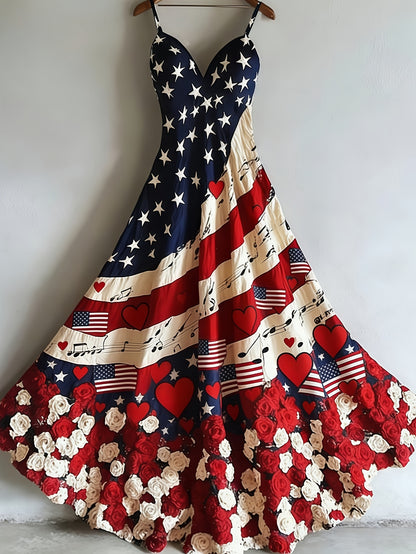 Women's Patriotic Maxi Dress - A-Line Silhouette, Suitable for Vacation, Leisure & Beach Outings, Loose Fit, National Flag Pattern, Sleeveless, V-Neck, Red National Flag Design with Built-In Cups