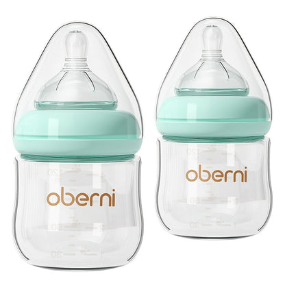 Oberni Anti-Colic 4Oz/120Ml Bpa-Free Glass Baby Bottles, Suitable for Infants 0 Months And Older, Featuring a Slow Flow Nipple That Mimics Breastfeeding, Crafted for an Easy Switch Between Bottle And Breast, Available in Blue, Green, And Pink