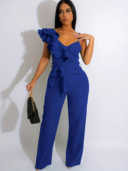 Womens Casual 1pc Jumpsuits V-Neck Sleeveless Ruffle Elegant Romper Wide Leg Pant Sexy Party Clubwear Overalls