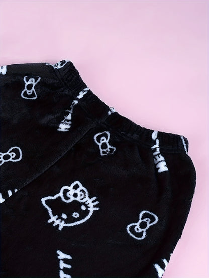 Sanrio KT Cat Pajama Pants for Women - 2pcs Sleepwear Set with Cute KT Cat Face & Full-Length Pants, Cozy Flannel Pajamas for s, - Nightwear ()