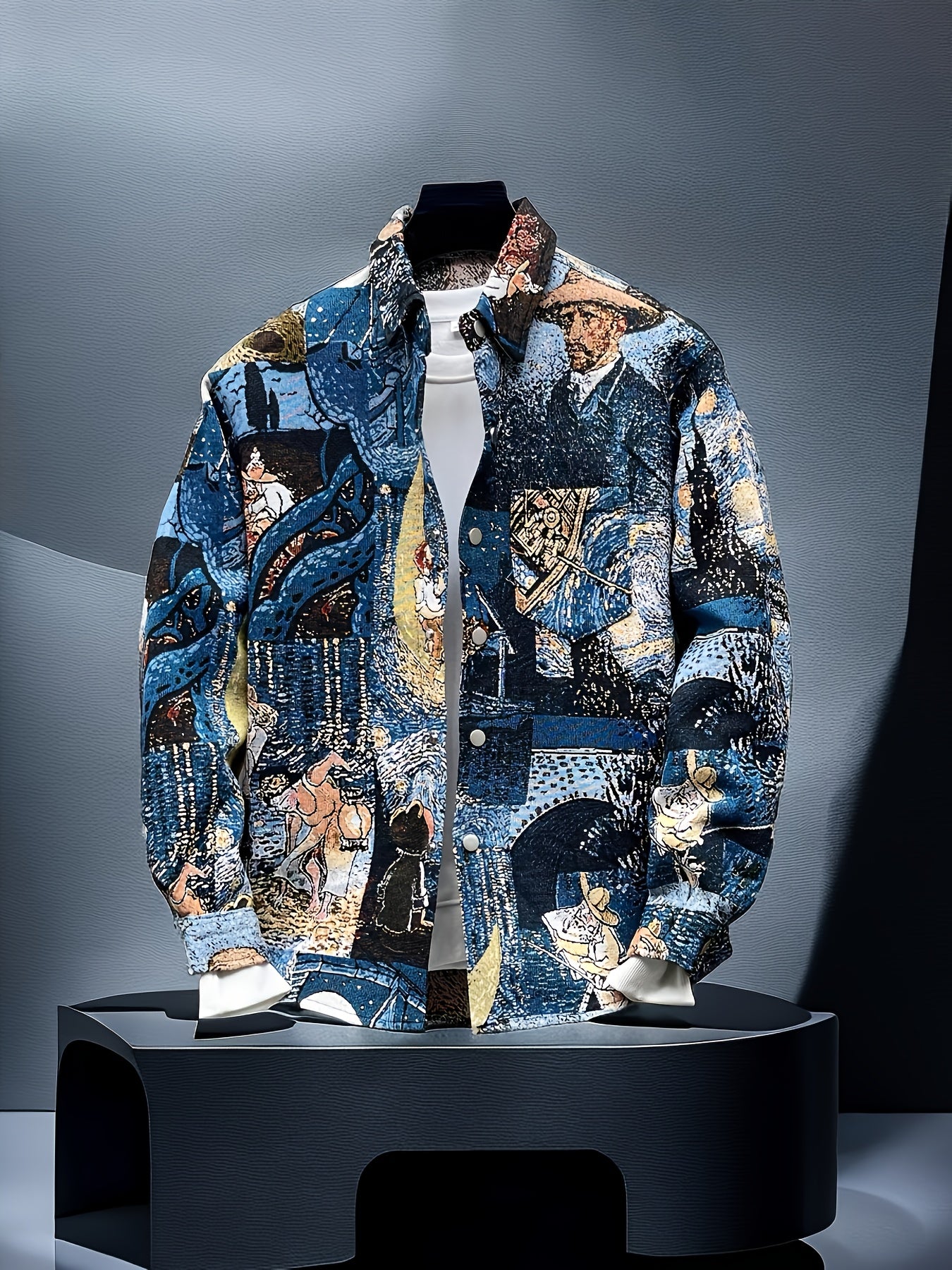 Men'S Slim-Fit Long Sleeve Shirt - Van Gogh-Inspired for Artistic Button-Up Shirt, Formal & Casual Attire, Machine Washable Polyester Blazer - Ideal Gift for Art Lovers, Casual Streetwear, Streetstyle Aesthetic, Versatile Clothing