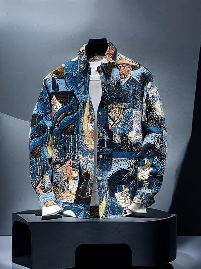 Men'S Slim-Fit Long Sleeve Shirt - Van Gogh-Inspired for Artistic Button-Up Shirt, Formal & Casual Attire, Machine Washable Polyester Blazer - Ideal Gift for Art Lovers, Casual Streetwear, Streetstyle Aesthetic, Versatile Clothing