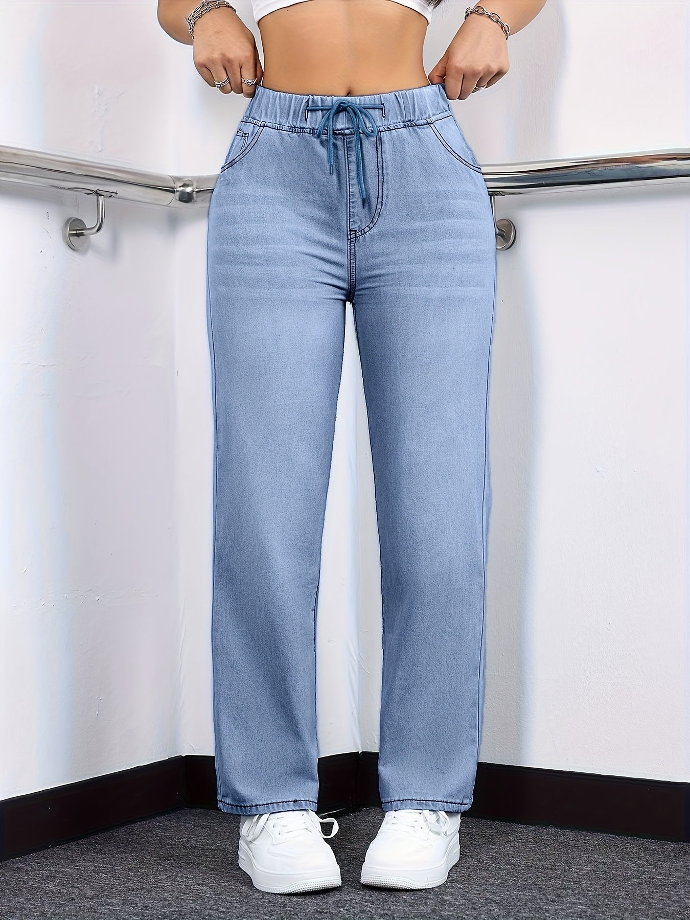 [Drawstring Waist Jeans] Plus Size Women's Drawstring Waist Straight Leg Jeans | High Waist Stretchy Washed Denim | Casual Trendy Comfy Jeans for Daily Wear | Flattering Fit