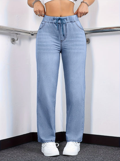 [Drawstring Waist Jeans] Plus Size Women's Drawstring Waist Straight Leg Jeans | High Waist Stretchy Washed Denim | Casual Trendy Comfy Jeans for Daily Wear | Flattering Fit