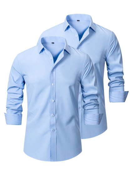 2pcs Men's Long Sleeve Dress Shirts - Elegant White, Stretchy Fabric, Business Casual, Unwrinkled, Single-Breasted with Lapel Collar, All-Season Wear, Casual Attire|Elegant Lapel Shirt|Stretchy Fabric