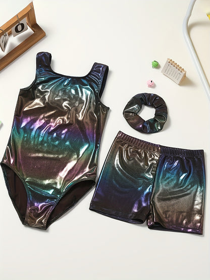 Girls' Sleeveless Gymnastics Bodysuit + Shorts + Headwear, Perfect for Outdoor