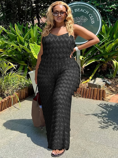Plus Size, Plus Size Elegant Black Jumpsuit for Women - Chic Sleeveless V-Neck with Tassel Detail, Loose Fit, Polyester & Elastane Blend, Machine Washable - Perfect for All Seasons, Plus Size Jumpsuit