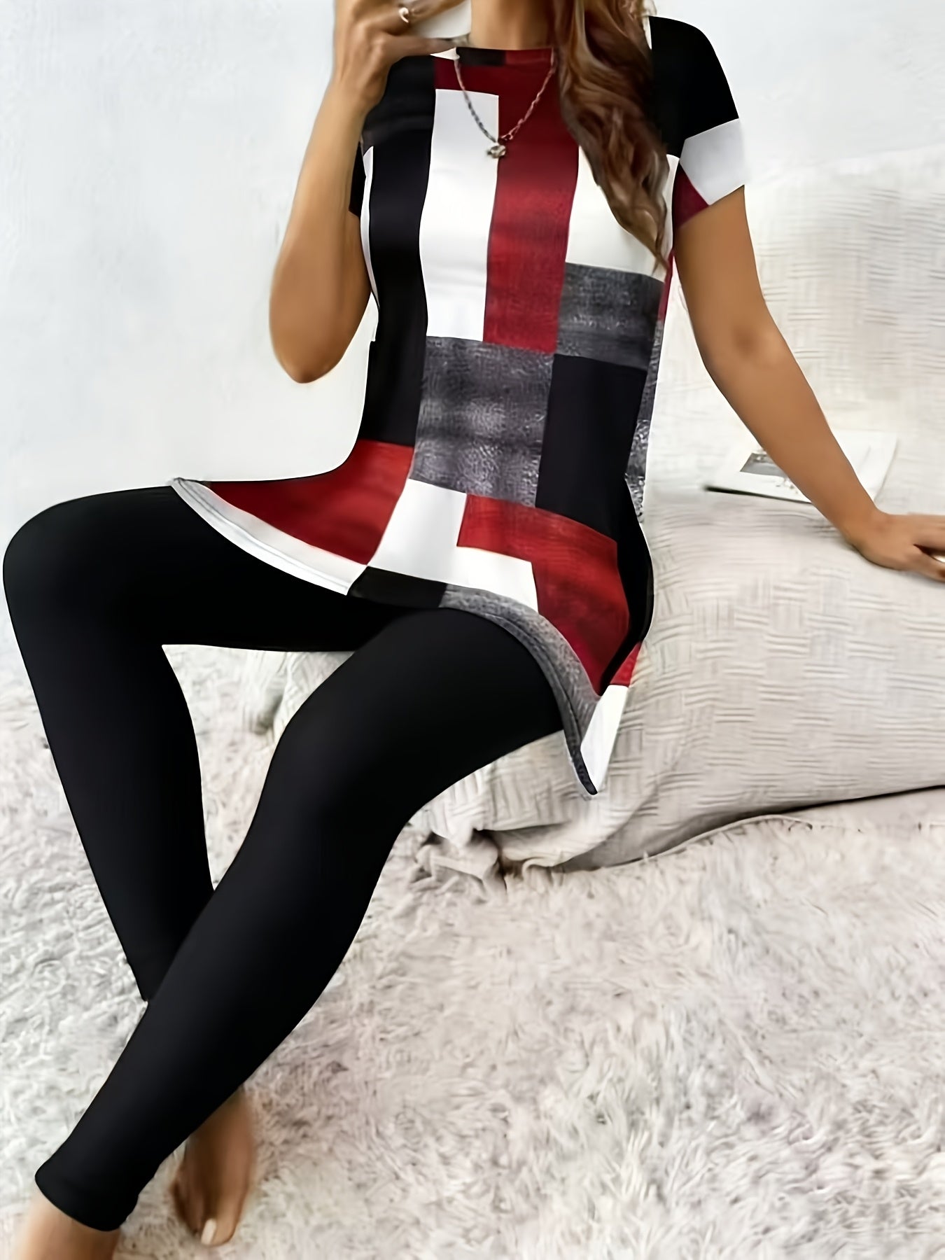 Women'S Casual Two-Piece Set: Short-Sleeved Top with Plaid Pattern And Printed Design, Round Neckline with Side Slits; Paired with Tight-Fitting Trousers, Making a Perfect Spring/Autumn Outfit
