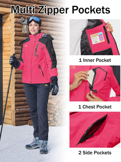 Winter Jacket for Women - Women's Ski Snowboard Jacket Thermal Fleece High Quality Insulated Snow Jacket Casual Work Jacket Outdoor Sports Coat Windbreaker Parka 4 Pockets Camping Snow Jacket Windproof Hood Warm Winter Hiking Fleece Lined Jacket