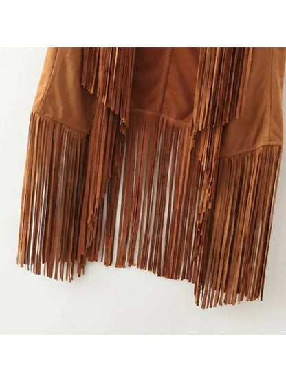 Women' Faux Suede Fringe Vest with Tassels - Western Cowgirl Jacket, Soft Flip-Collar Sleeveless Waistcoat Coat for All-Season Wear, Casual Outfits & Themed Events (Medieval Renaissance Fair) - Solid Color Plain Matching Outerwear