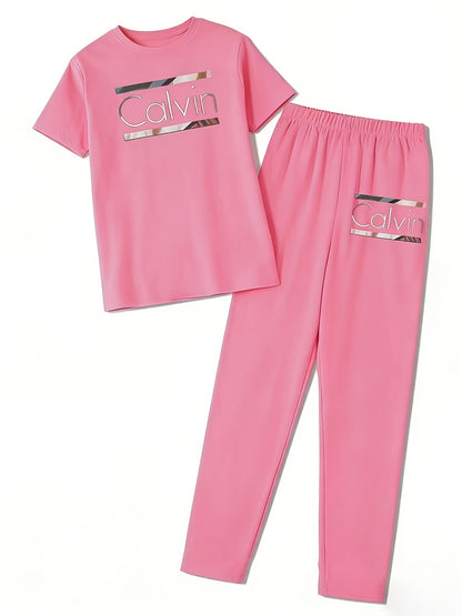 Alphabet-printed Casual Spring/autumn Short-sleeved Round-neck Women's Dress And Pants Set