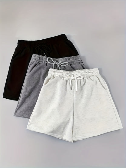 2026 3pcs Set Of Women's Casual Knitted Shorts, Solid Color, Double Pockets, Drawstring Waist, Game Day Outfit, Football Fan Gear For All Fans