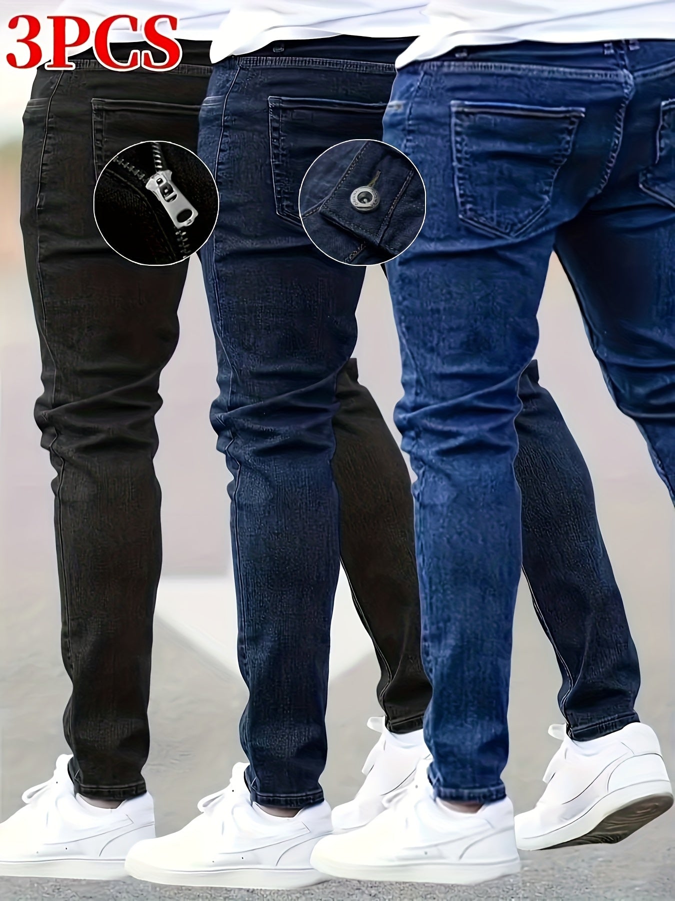 3pcs Men's Slim Fit Jeans - Heavy- Washed Streetwear Pants Suitable for All Seasons, Stretchable Basic Style with Washed, Year-Round Wear for Casual & -Casual Outfits