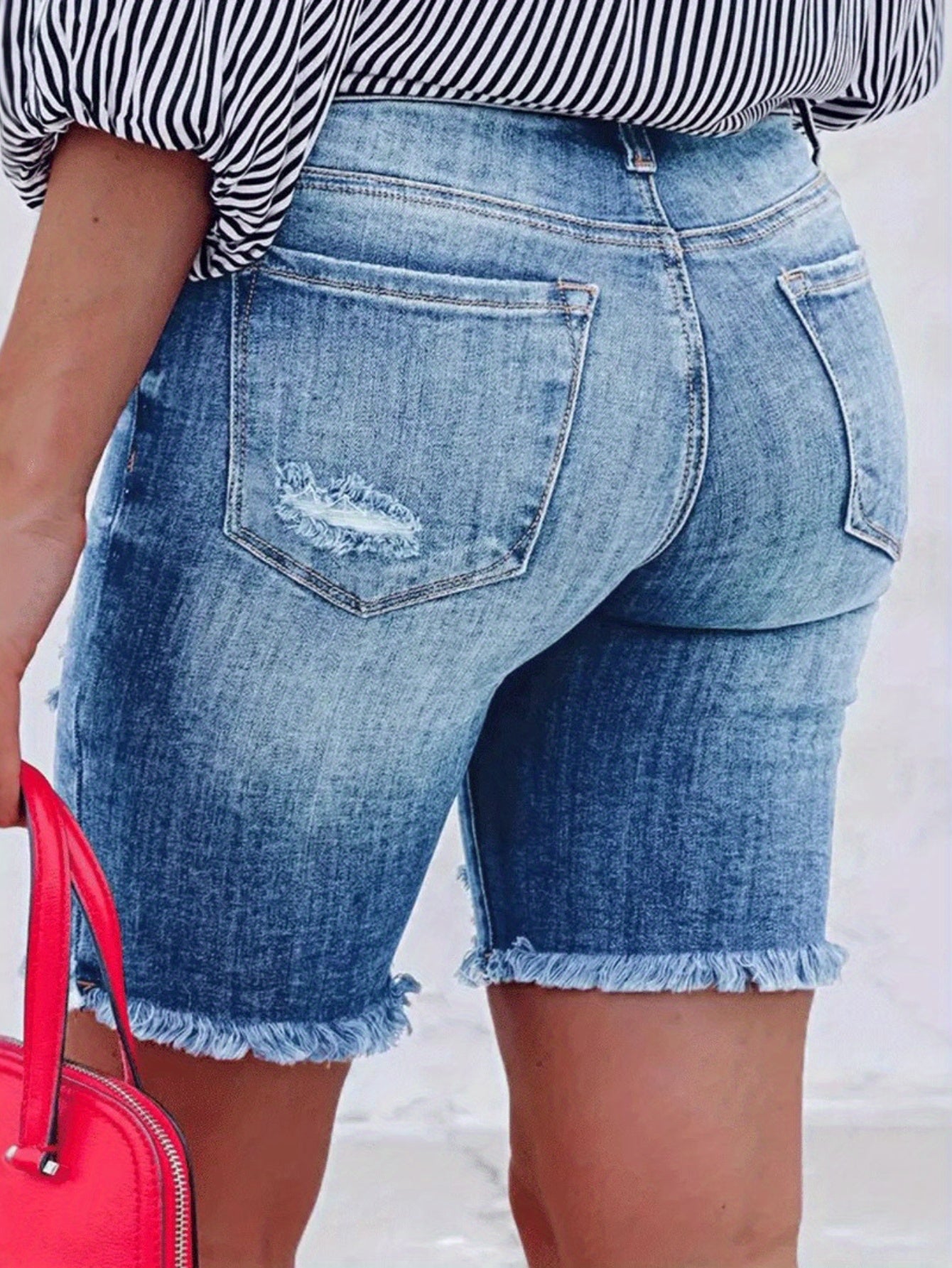 2025 Sister Xia's Women's Ripped Stretch Denim Shorts - High-Quality Street Style Distressed Knee-Length Elastic Waist Casual Summer Shorts, Machine Washable, Relaxed Outfit, Durable Fabric