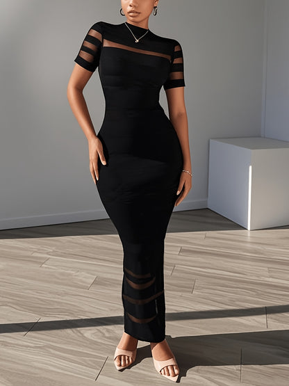 Women's Fashionable and Elegant Style Sheer Mesh Patchwork Slim-Fit Bodycon Long Dress - Short Sleeve High Neck Formal Evening Gown, Sexy Party Dress, Suitable for Nightclub Gatherings, for Spring, Summer, and Autumn