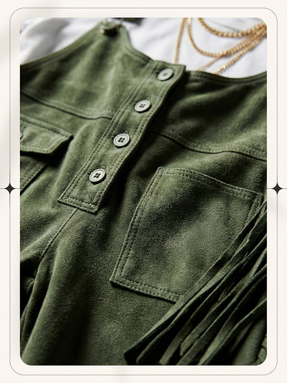 Vintage Fringe Detail Overalls, Loose Wide Leg Design, Fashion Youthful Casual Style, Daily Outing Travel Outfit, Versatile Multi-Occasion Wear