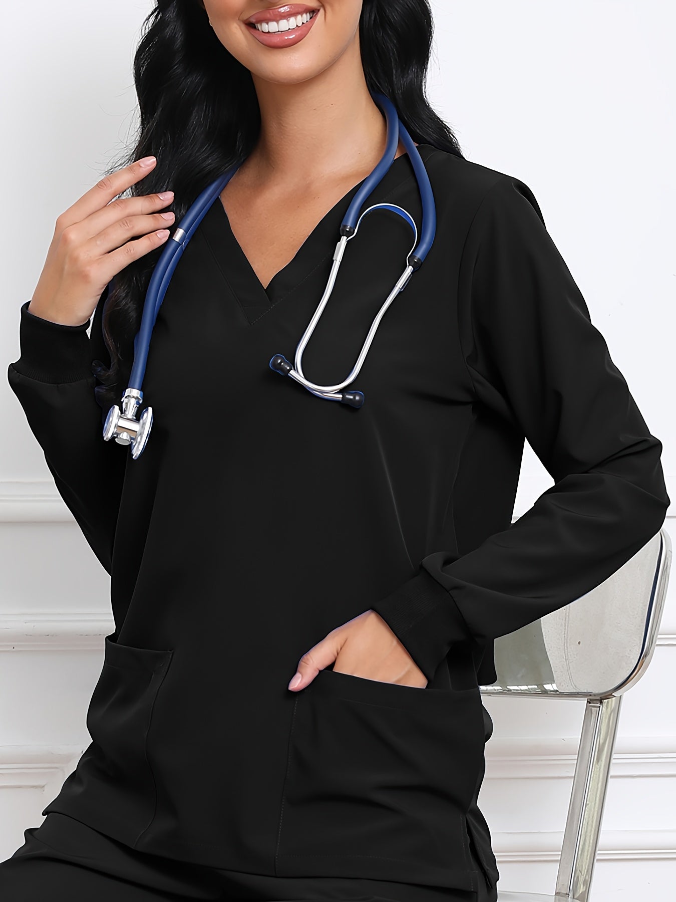 Women's V-Neck Long Sleeve Matte Breathable S Uniform Pockets Wash Clothes Work Shirt Scrubbing Top