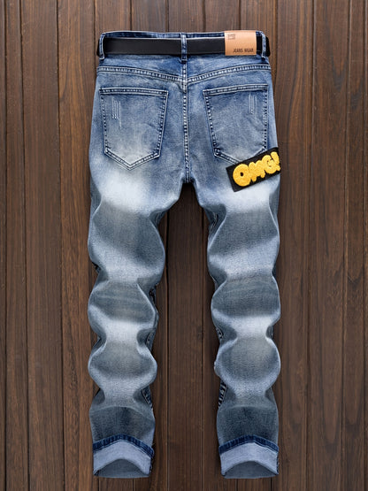 Cool Comfort, Men'S Slim-Fit Stretch Denim Jeans with Punk Skull Print - Versatile Casual Streetwear, Machine Washable