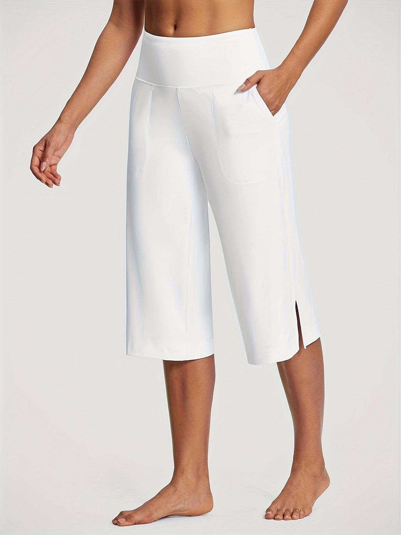 18'' Women's High-Waisted Wide Leg Yoga Capri Pants with Elastic Waist - Loose Comfortable Stretchable Soft Pants Suitable for Yoga, Workout, Casual & for Business Occasions - Spring Summer Fall Wearable with Practical Pockets (No Needed)