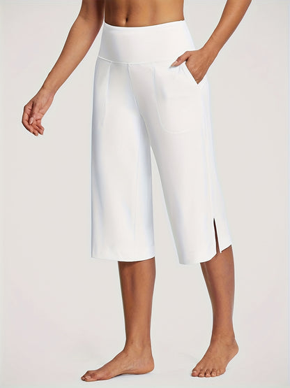 18'' Women's High-Waisted Wide Leg Yoga Capri Pants with Elastic Waist - Loose Comfortable Stretchable Soft Pants Suitable for Yoga, Workout, Casual & for Business Occasions - Spring Summer Fall Wearable with Practical Pockets (No Needed)