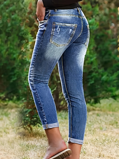 Plus Size Women's High Waist High Elastic Blue Distressed Denim Skinny Pants - Front Row Buttons, Rolled Hem, Retro Casual Oversized Comfort Trousers