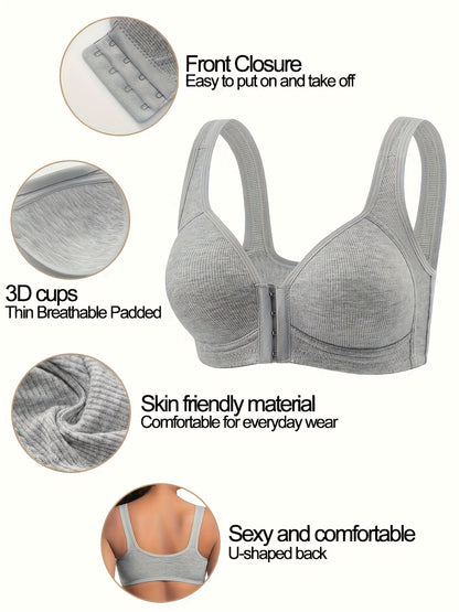 4pcs Women'S Elegant Fully Covered Underwire Bra, Front Buckle Design, Breathable Nylon, Seamless Design in Beige And Black, Comfortable And Fitted Casual Clothing