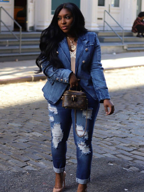 [Business Casual Blazer] Blazers for Women Business Casual Denim Long Sleeves Lapel Double Breasted Jacket