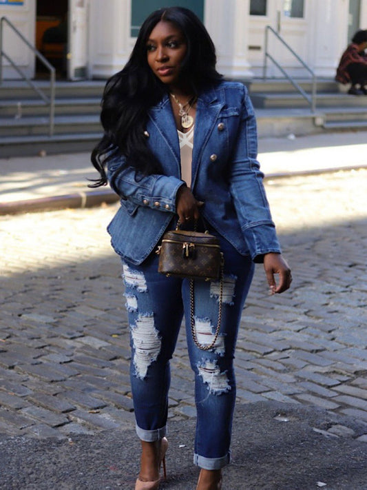 [Business Casual Blazer] Blazers for Women Business Casual Denim Long Sleeves Lapel Double Breasted Jacket