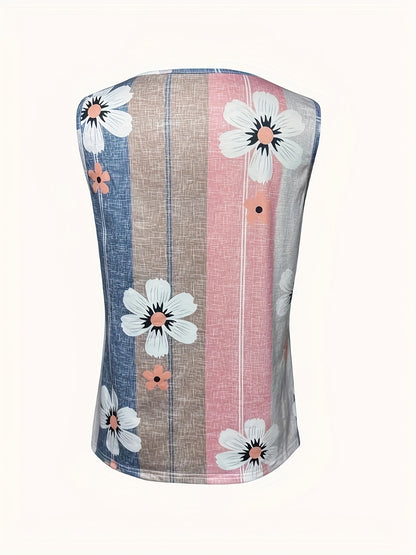 Plus Size - New Casual Printed Tank Top for Plus-Size Women, Featuring a Pleated Square Neckline And a Sleeveless Style for Summer