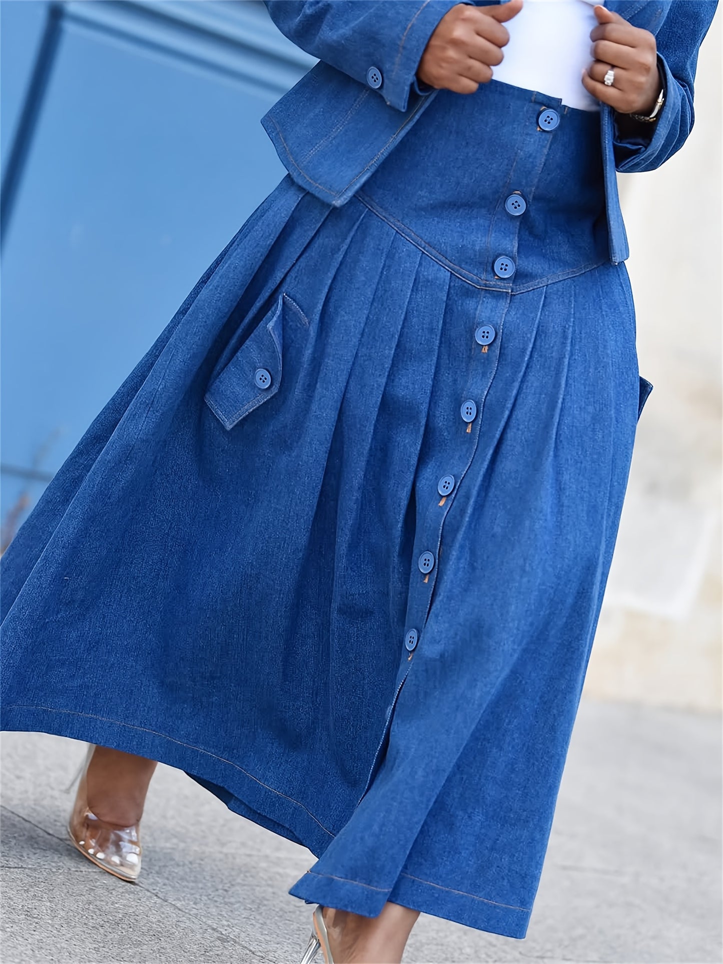 Gifts for Her, Denim Skirt Suit for Women, Designer Applique Jean Blazer And Pleated Skirt 2pcs Set, Business Casual Outfits, Front-breasted, High-rise, Pockets, Lapel Collar, Long Sleeves, Elegant