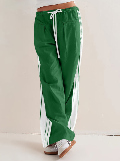 Women's Wide Leg Pants Drawstring High Rise Side Striped Slouchy Palazzo Pants with Pockets