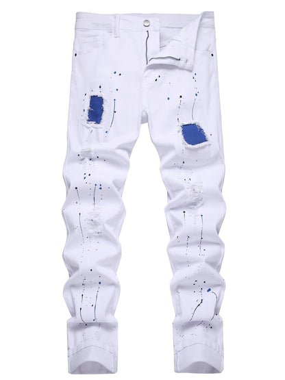 Men'S Slim Fit Straight Leg Denim Pants with Ripped And Distressed Details