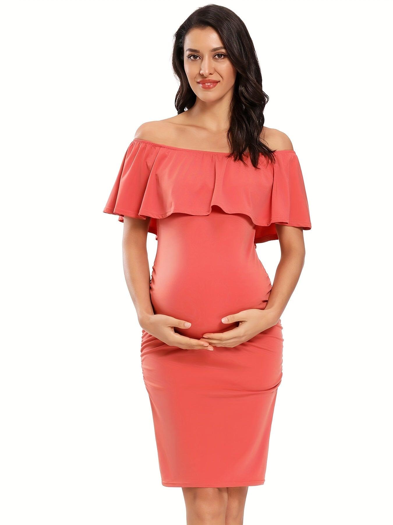 Women's Maternity Dress Off Shoulder Ruffle Sleeveless Bodycon Dress for Baby Shower
