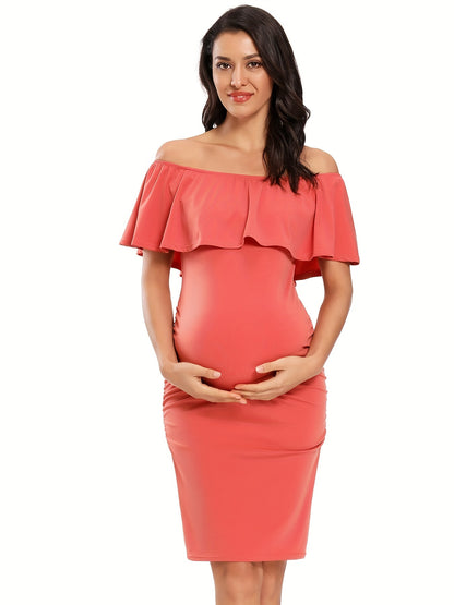 Women's Maternity Dress Off Shoulder Ruffle Sleeveless Bodycon Dress for Baby Shower