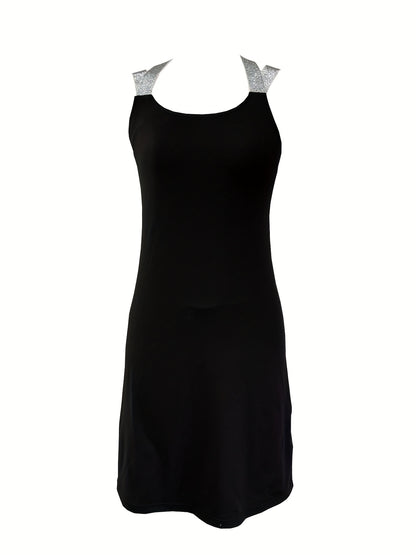 Women's Black Spaghetti Strap Mini Dress with Sparkly Cross Shoulder Straps for Party, Date And Casual Wear