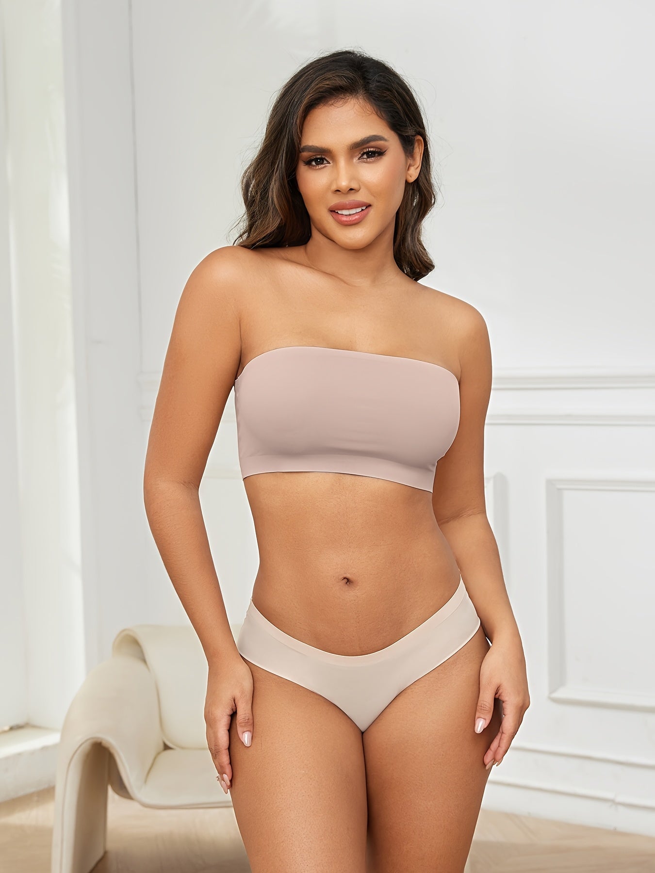 1pc ESSELEGANCE Seamless Wireless Bandeau Bra - Soft Nylon & Elastane Blend, No-Show Design, Beige/Nude, Comfortable Stretch Fit for Casual Attire