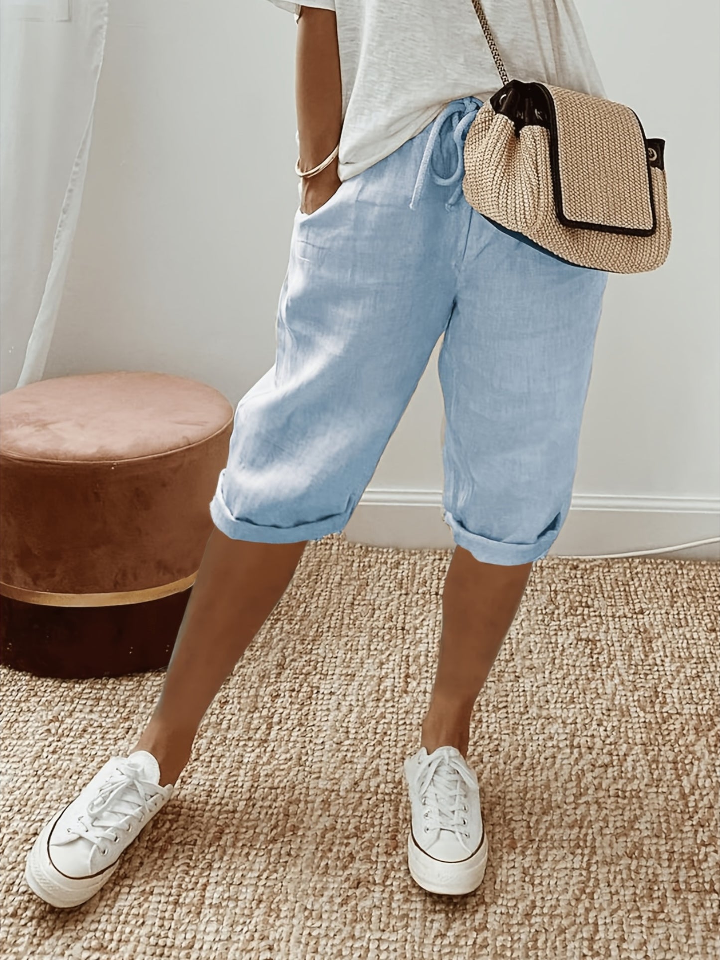 Three-Piece Contract for Summer Laziness! Boyfriend Wind Capri Pants Set, Refreshing And, Drawstring Waist + Curled Trousers + Pockets, from Home to Beach, a Set Unlocks a Casual Holiday Feeling.